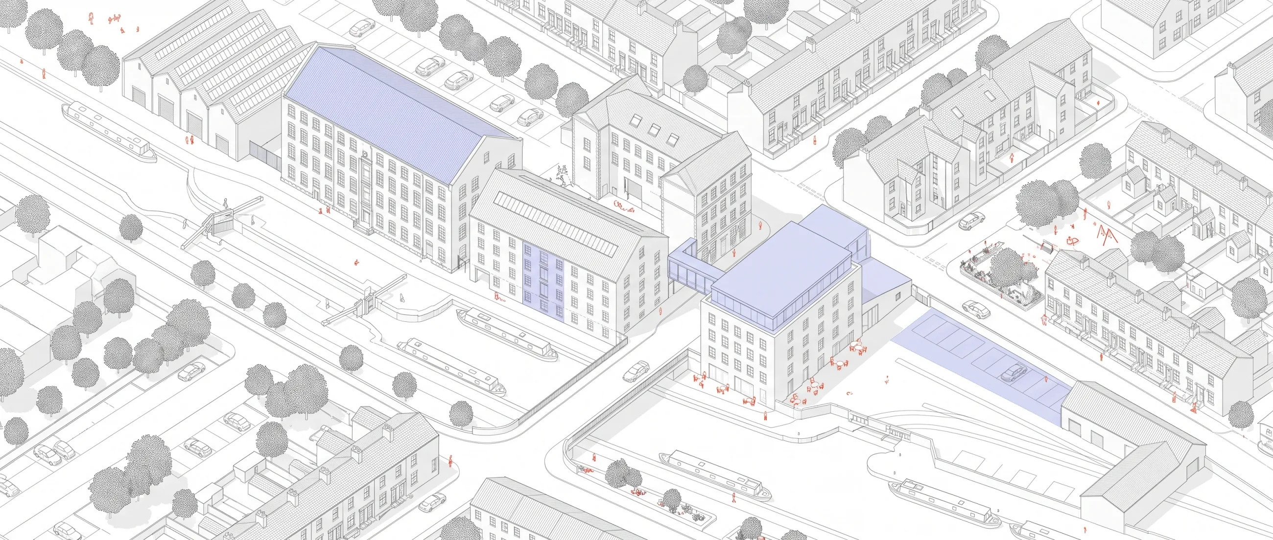 Axonometric drawing of a canalside quarter, former mills and terraced streets in grey outline with a few areas picked out in a pale blue highlight wash.