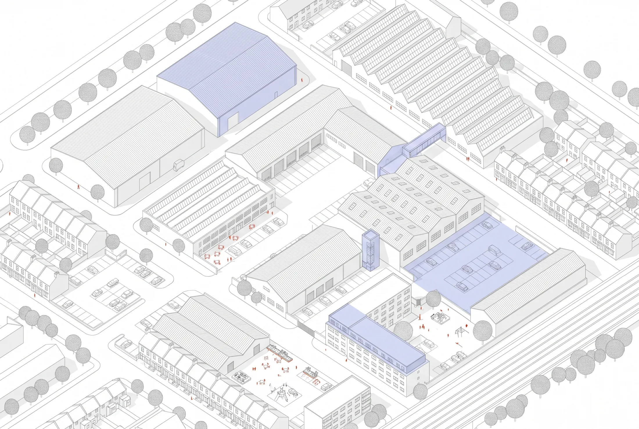 Axonometric drawing of an industrial quarter. The existing warehouses, yards and terraces are drawn in grey outline; a few areas are picked out in a pale blue highlight wash; small orange figures occupy the streets.