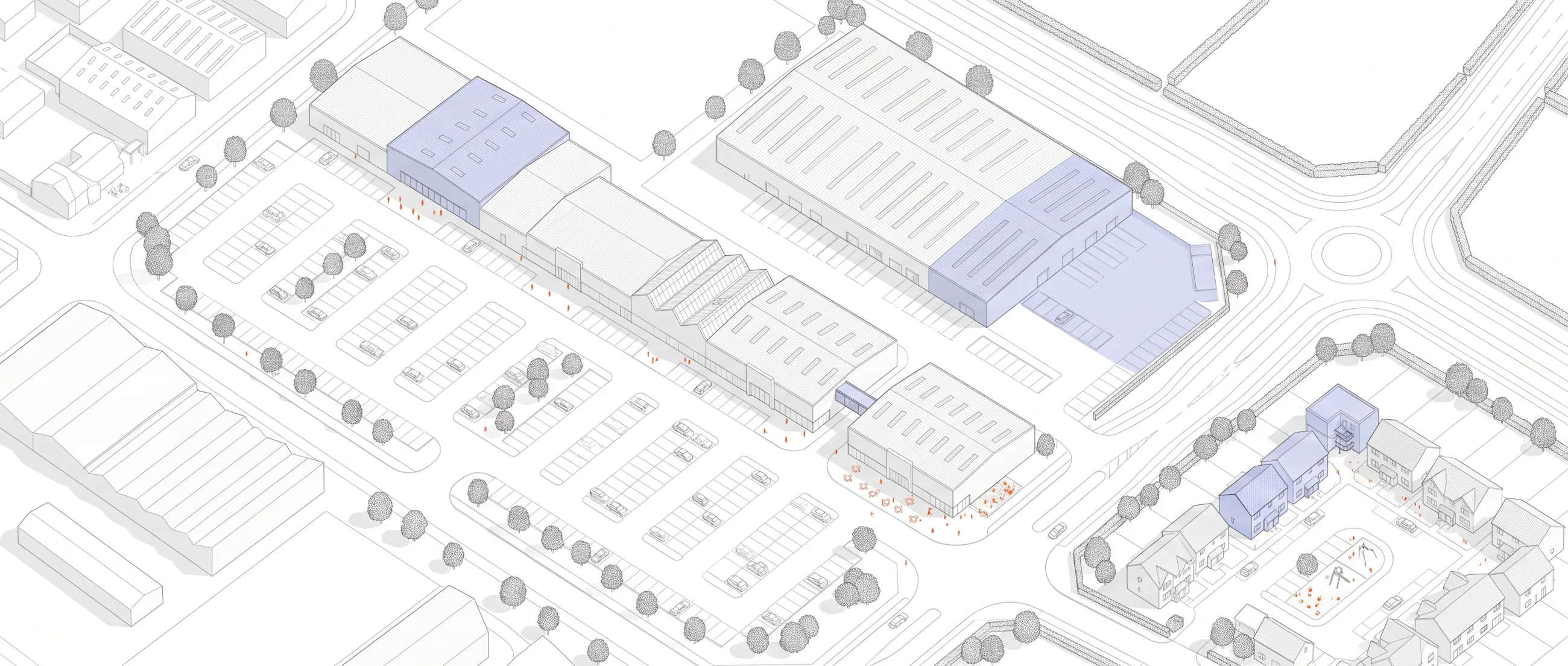 Axonometric drawing of an edge-of-town district, retail units and a large car park in grey outline with a few areas picked out in a pale blue highlight wash.