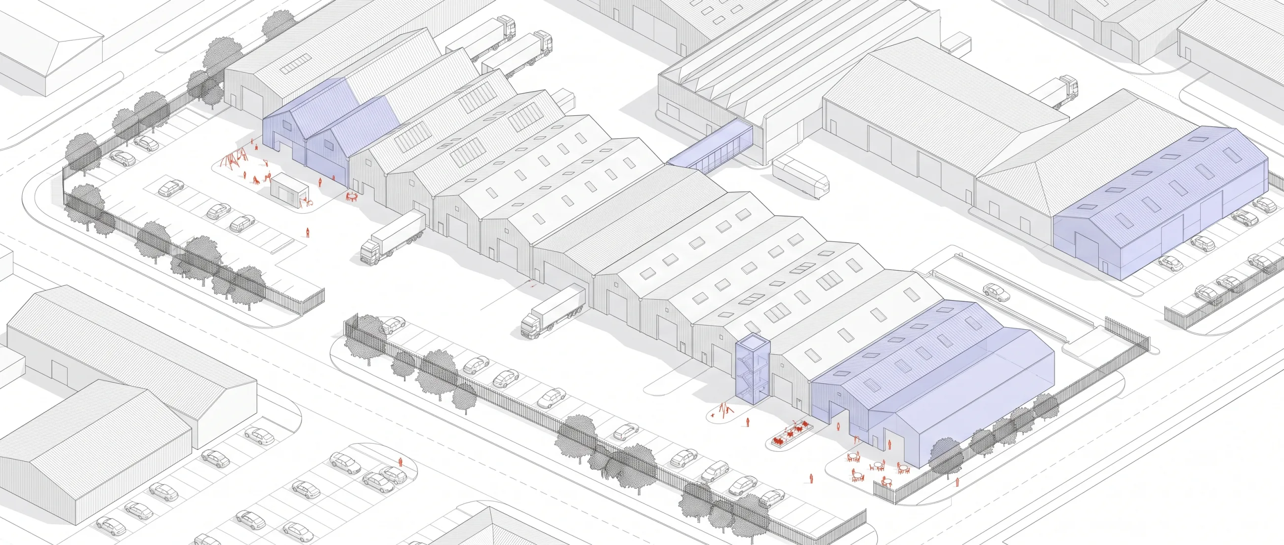 Axonometric drawing of a working industrial estate, sheds and service yards in grey outline with a few areas picked out in a pale blue highlight wash.